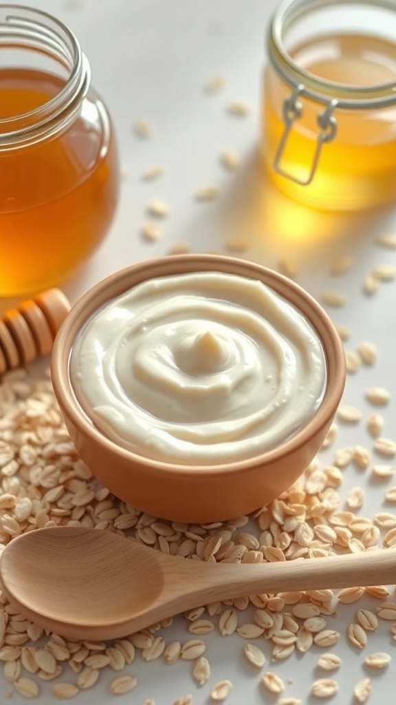 A bowl of oat and honey face mask with oats and honey jar on a soft background.